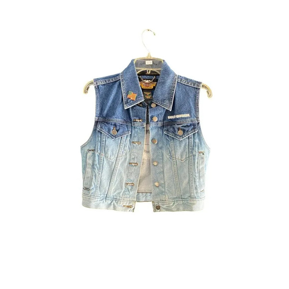 Harley Davidson Blue Motorcycle Button Up Ombré Denim Vest Size XS - Picture 1 of 5